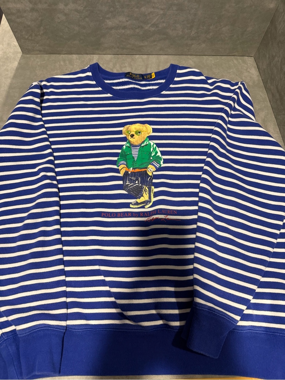 Ralph Lauren Polo Bear Striped Blue & White Crewneck Sweatshirt